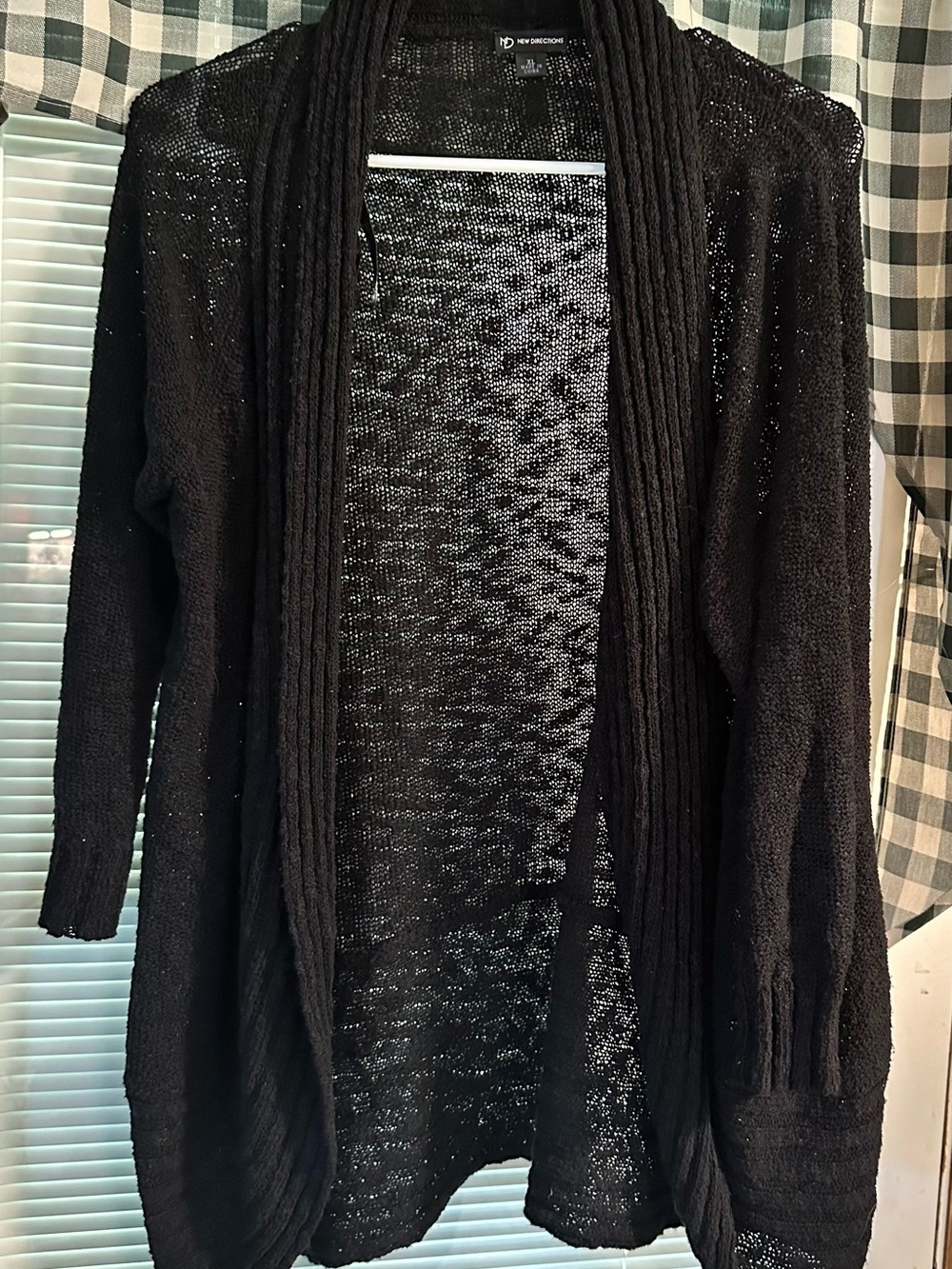 new directions Black Open-Front Ribbed Shawl Collar Cardigan